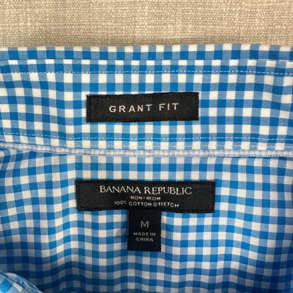 Banana Republic Shirt Mens M Blue White Gingham Grant Fit Non Iron Long Sleeve